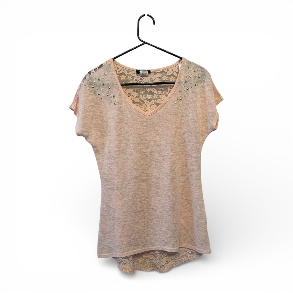 Vintage Y2K Era Deb Embellished Blush Lace Sheer Short Sleeve Top Size Large
